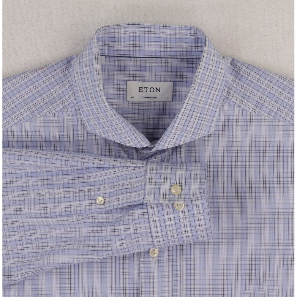 Eton Dress Shirt Mens Size 44 17.5 Blue White Micro Check Signature Twill Shirt